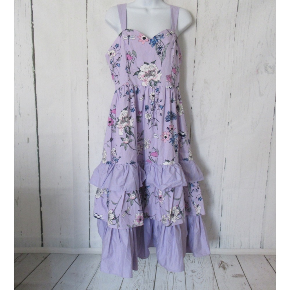 New H&M Dress 10 Lavender Purple Floral Tiered Ruffle Midi Sundress Cottagecore